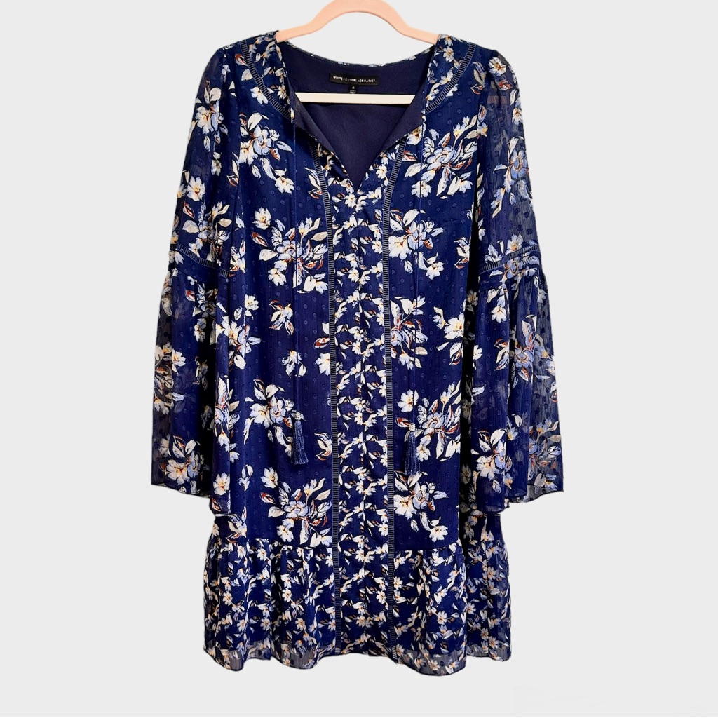 White House Black Market Boho Floral Shift Dress With Bell Sleeves, Size 6
